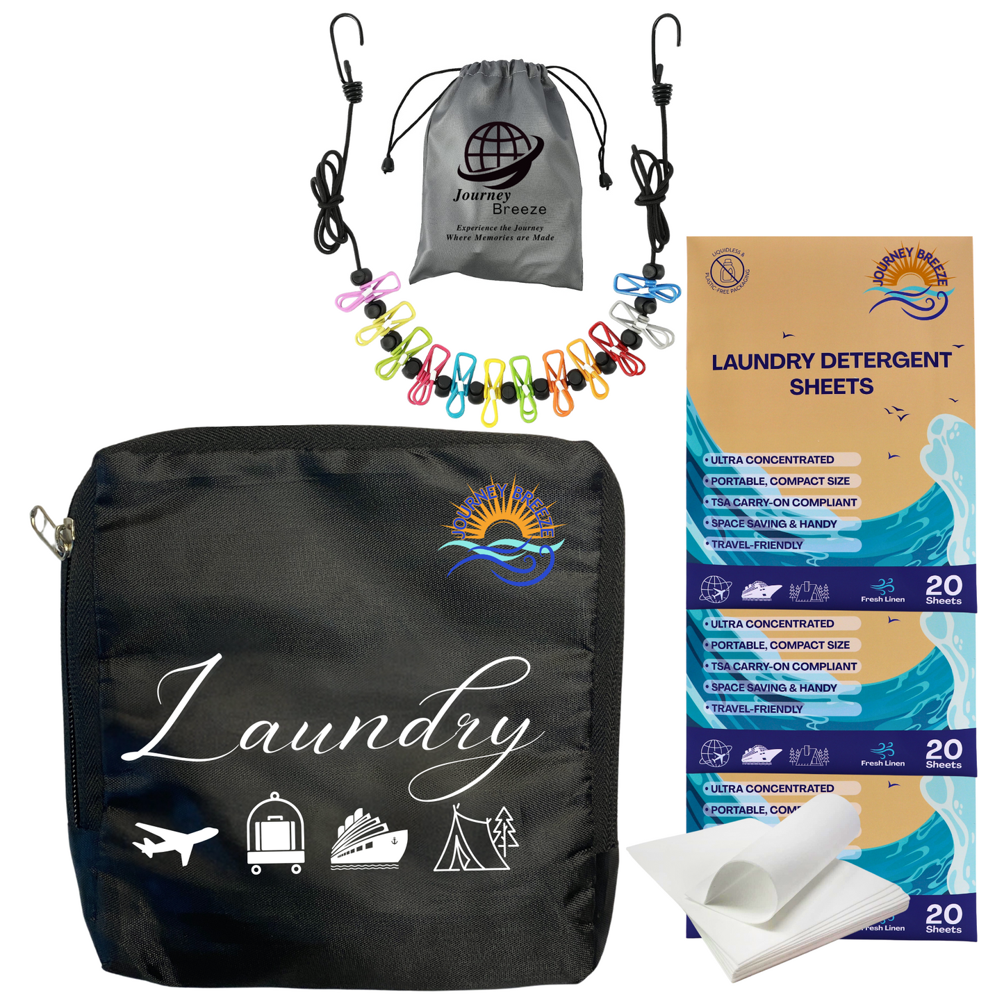 Travel Laundry Detergent Sheet Pack includes Laundry Sheets (3 packs), Foldable Laundry Bag and Portable Clothesline