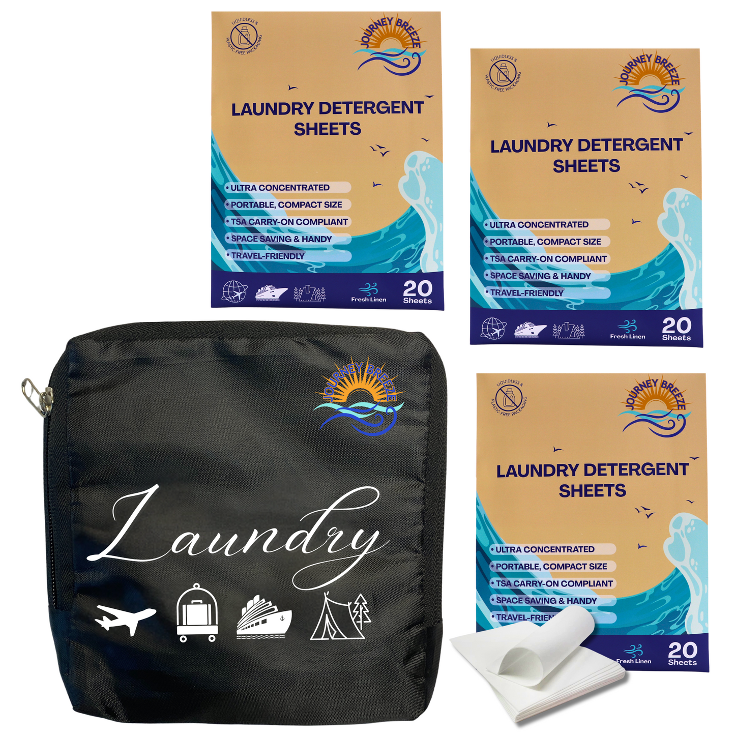 Travel Laundry Detergent Sheets, 3 Packs (20 Sheets) with Foldable Laundry Bag
