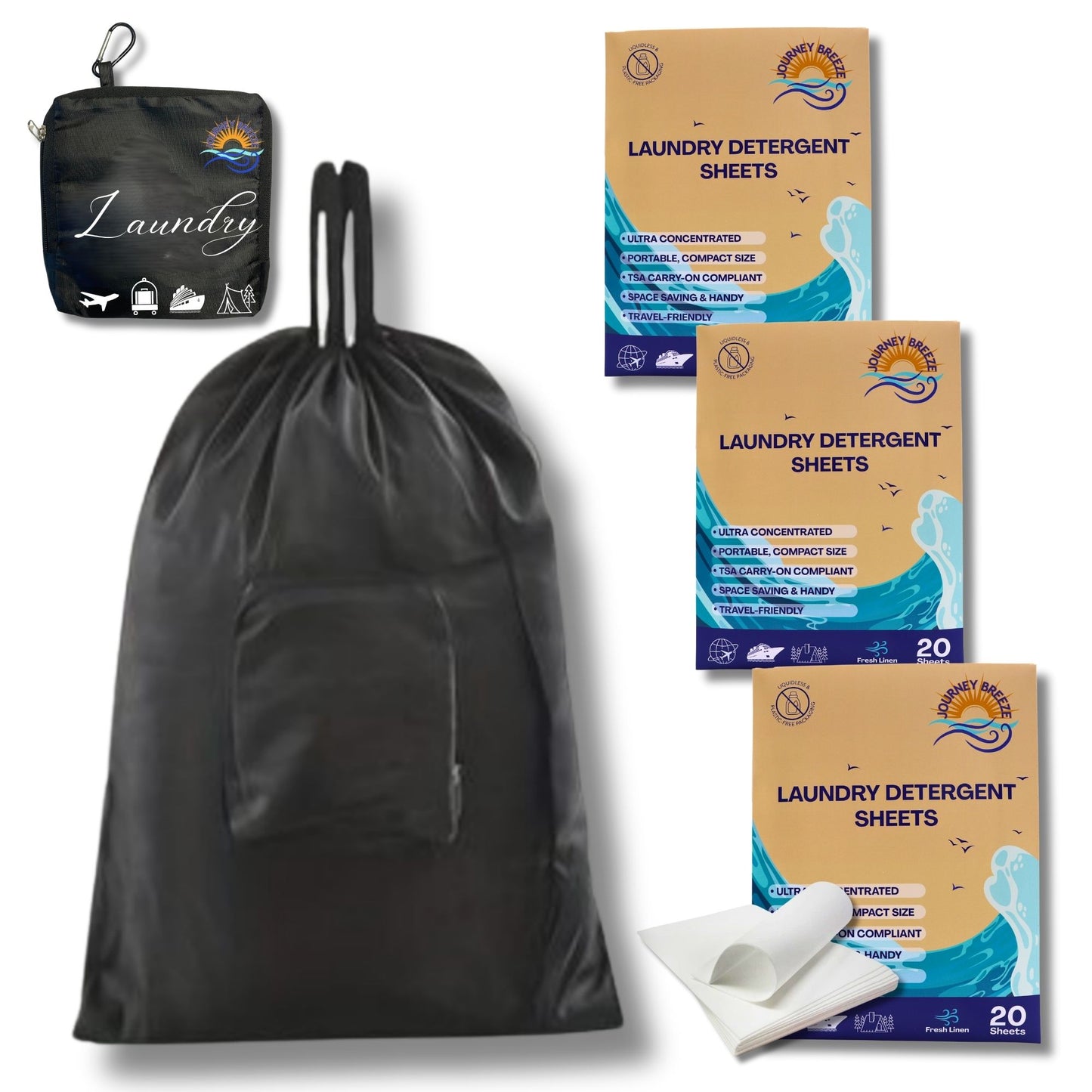 Travel Laundry Detergent Sheets, 3 Packs (20 Sheets) with Foldable Laundry Bag