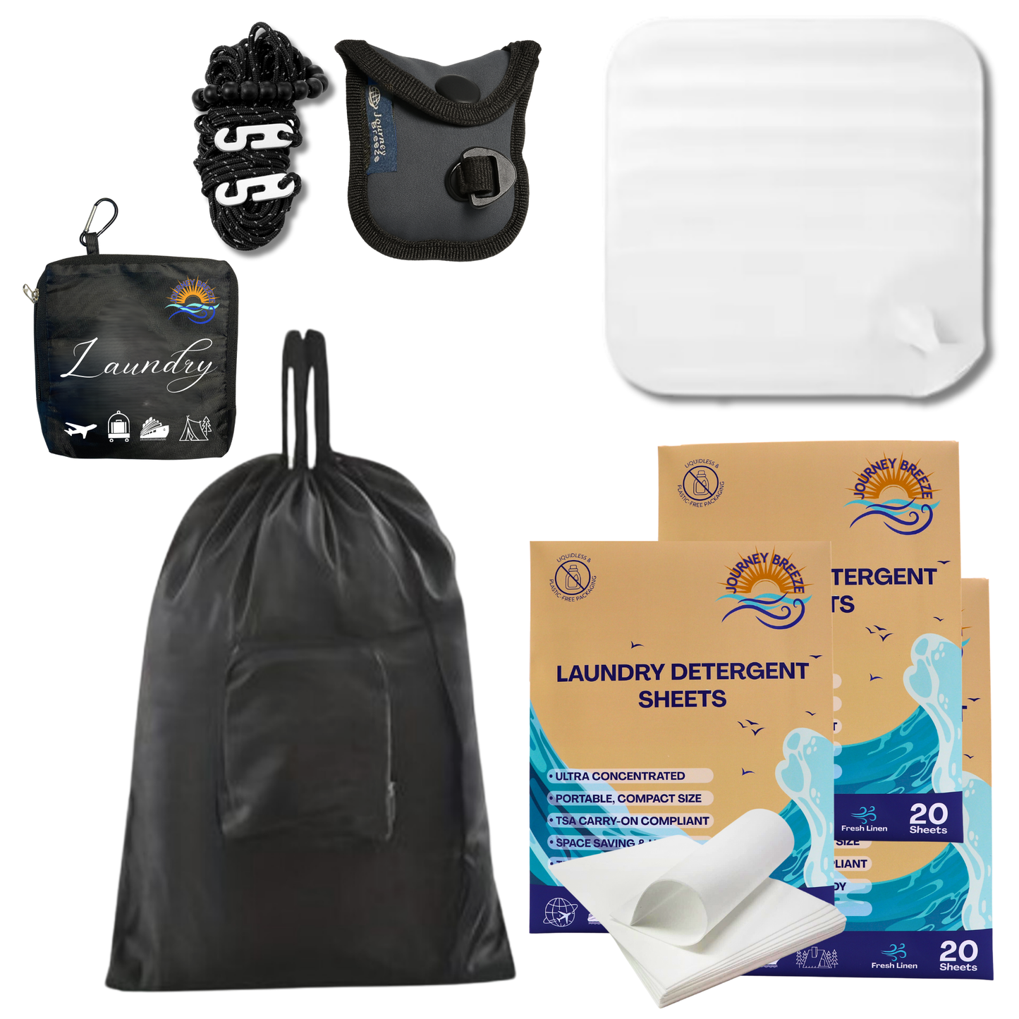 Hotel Essentials must haves Bathroom Sink Stopper, Laundry Bag Travel, Camping Clothesline and Laundry Detergent Sheets, 20 Sheets
