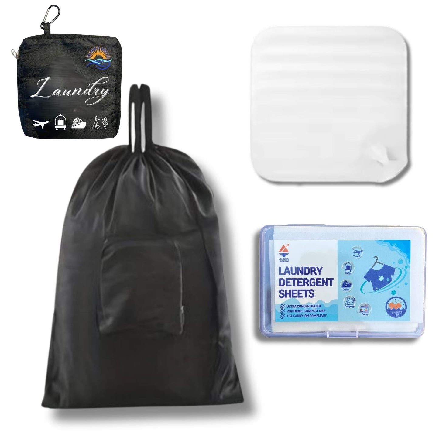 Travel Laundry Detergent Sheets (30 count) Bathroom Sink Stopper and Foldable Laundry Bag