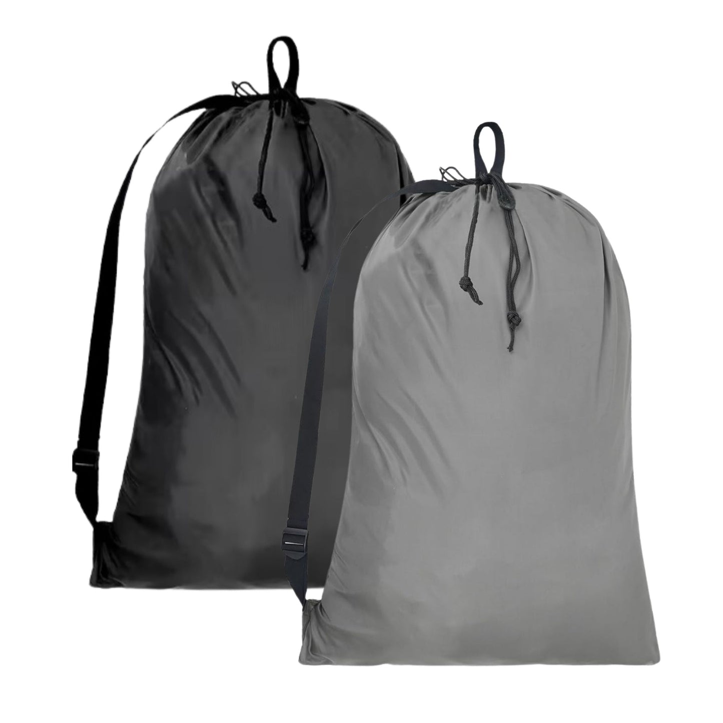 Heavy Duty Laundry Bags with Adjustable Straps, Set of 2, Black and Gray, Double Drawstring Closure