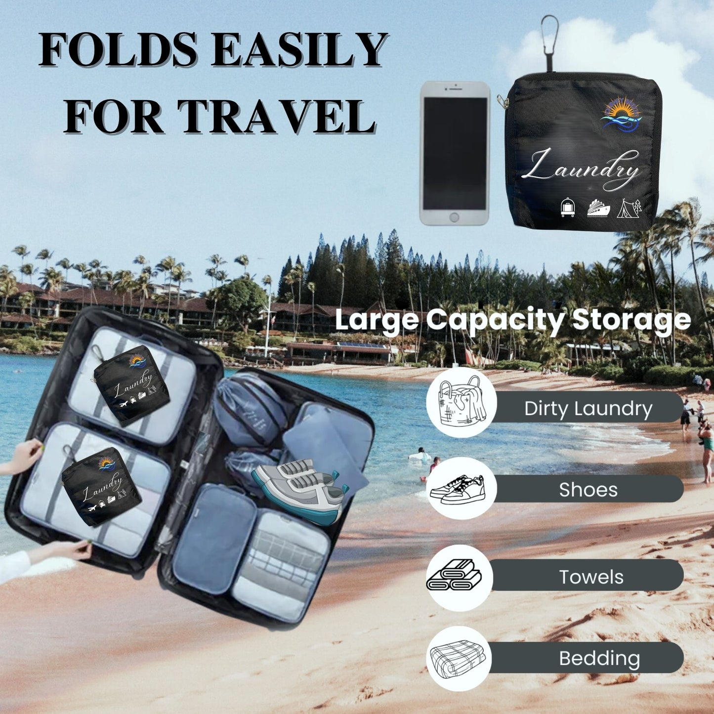 Foldable Laundry Bag and Compact Travel Clothesline - Must have Essentials for Cruises Camping and Hotel for your next vacation 2 Pack Black