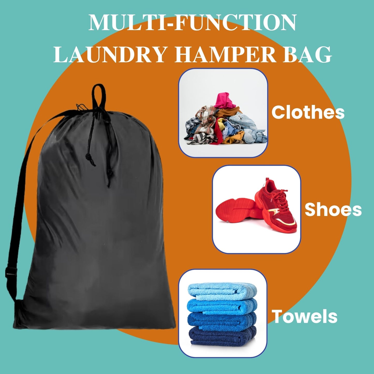 Heavy Duty Laundry Bags with Adjustable Straps, Set of 2, Black Double Drawstring Closure
