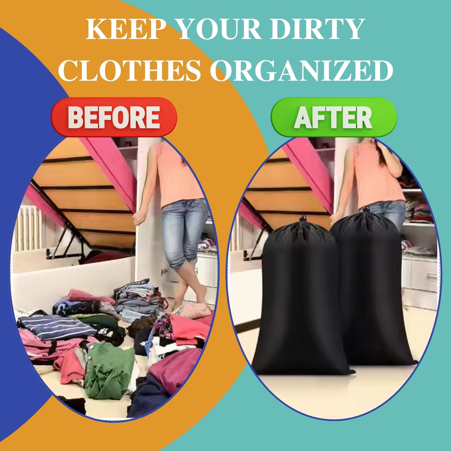 Heavy Duty Laundry Bags with Adjustable Straps, Set of 2, Black and Gray, Double Drawstring Closure