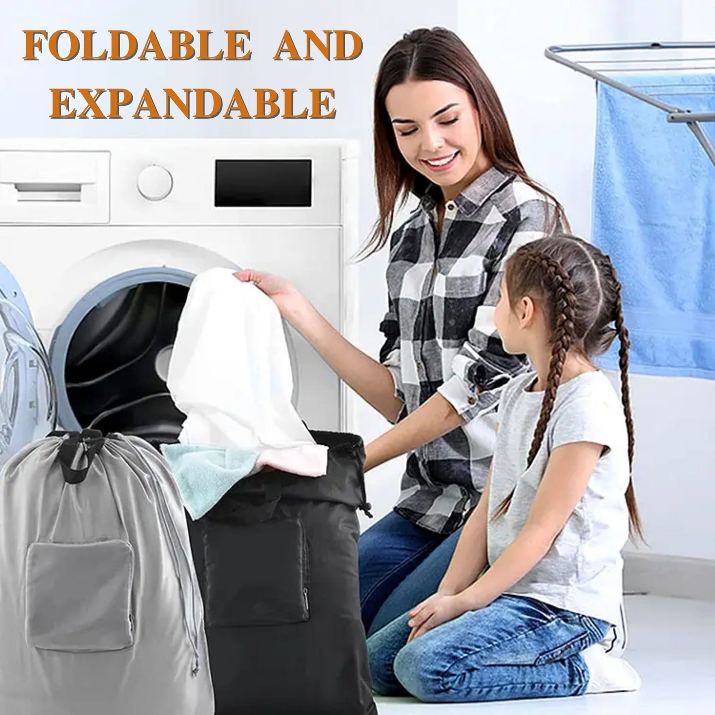 Foldable Laundry Bag and Compact Travel Clothesline - Must have Essentials for Cruises Camping and Hotel for your next vacation 2 Pack Black