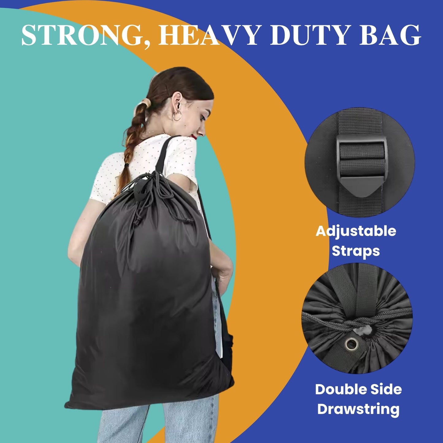Heavy Duty Laundry Bags with Adjustable Straps, Set of 2, Black Double Drawstring Closure