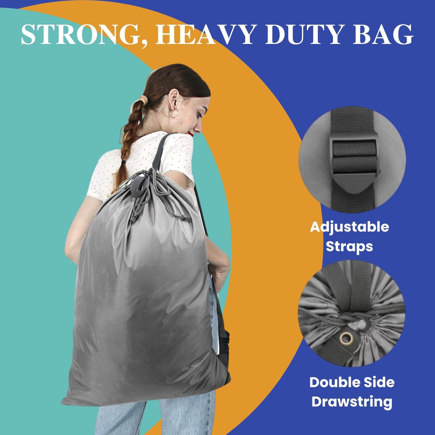 Heavy Duty Laundry Bags with Adjustable Straps, Set of 2, Black and Gray, Double Drawstring Closure