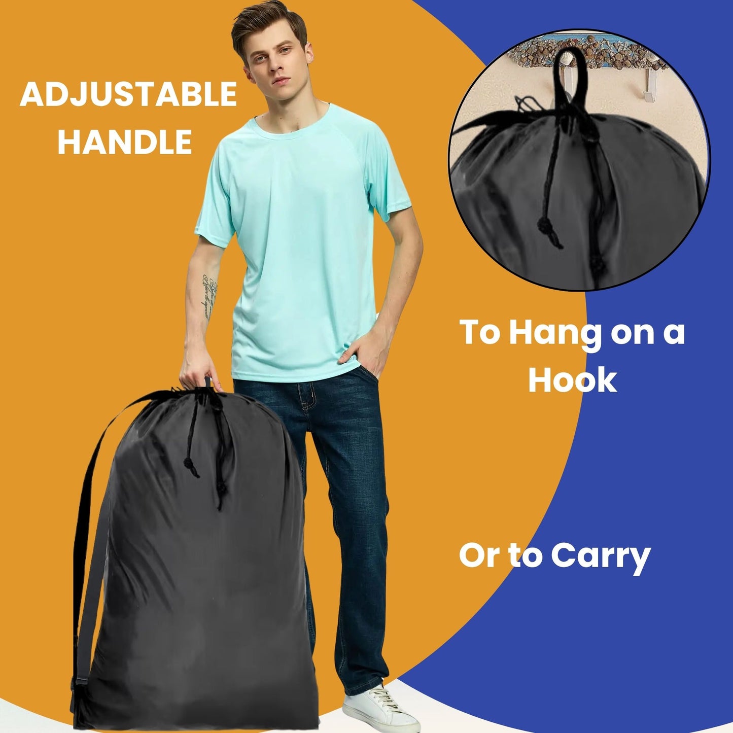 Heavy Duty Laundry Bags with Adjustable Straps, Set of 2, Black Double Drawstring Closure