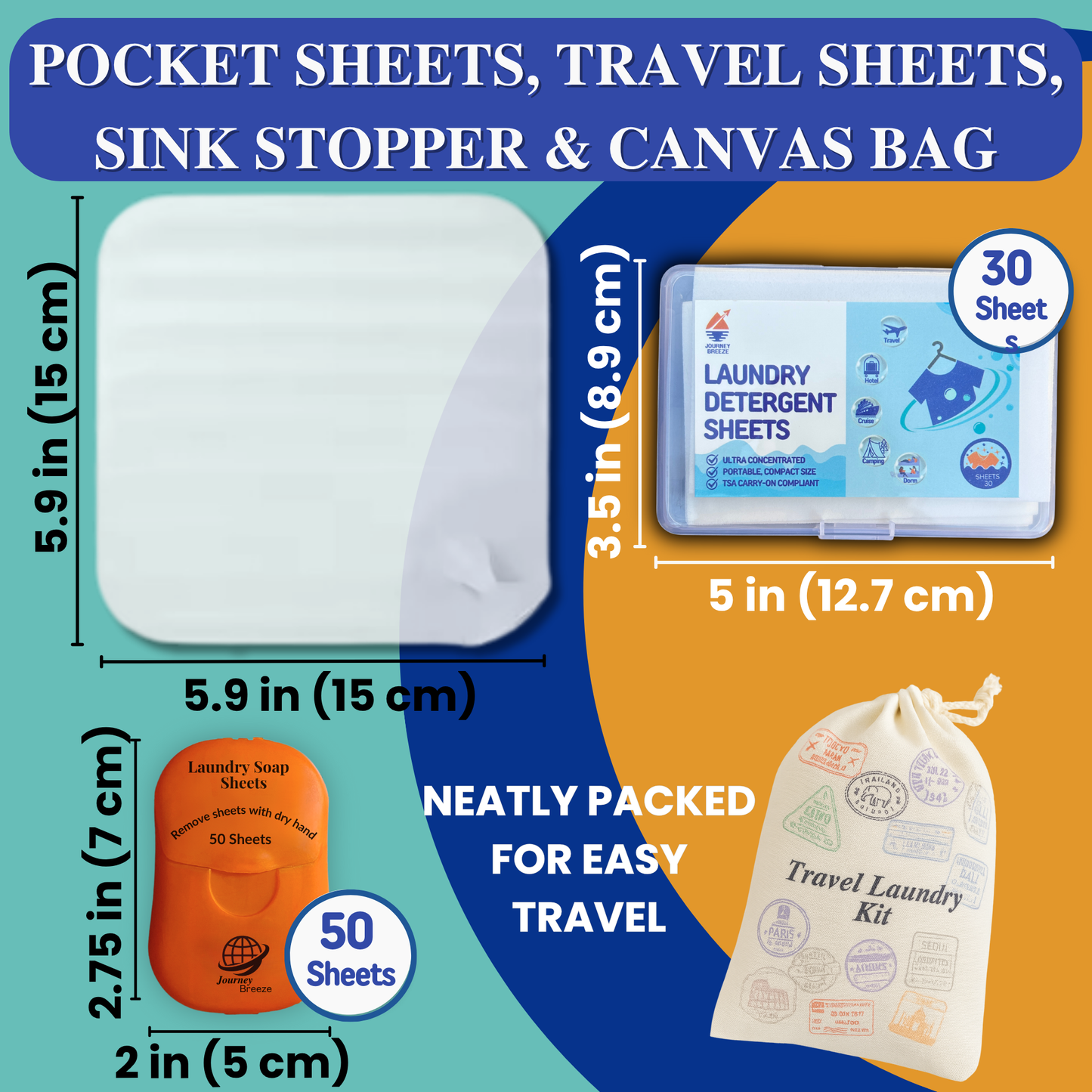 Travel Laundry Detergent Kit – Compact Set with 50 Pocket Laundry Sheets, 30 Travel Laundry Sheets, Sink Stopper & Canvas Bag, plus Bonus Pouch, TSA Compliant