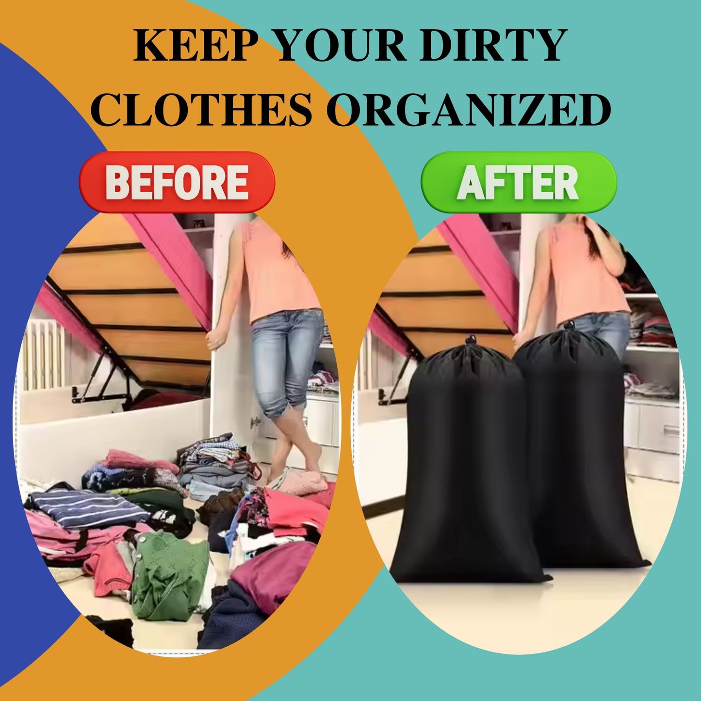 Foldable Laundry Bag and Compact Travel Clothesline - Must have Essentials for Cruises Camping and Hotel for your next vacation 2 Pack Black