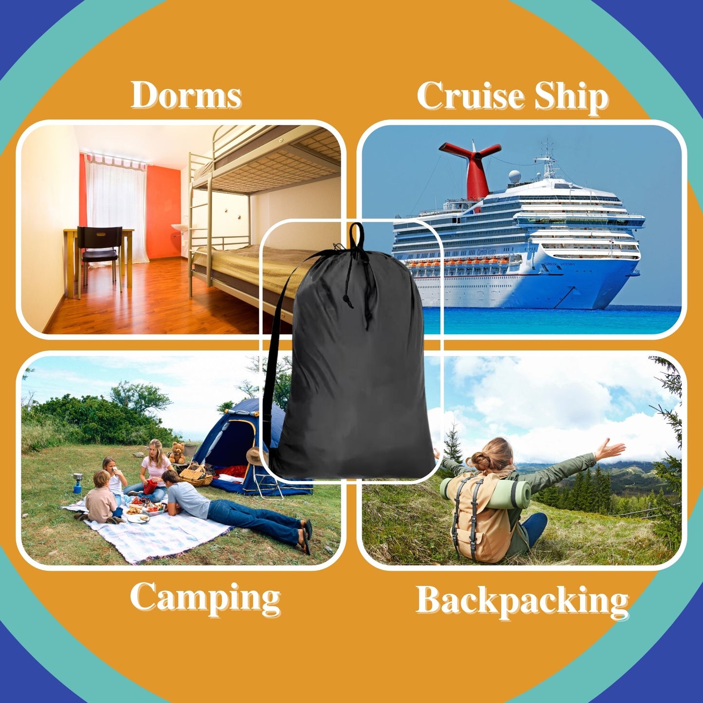 Heavy Duty Laundry Bags with Adjustable Straps, Set of 2, Black Double Drawstring Closure