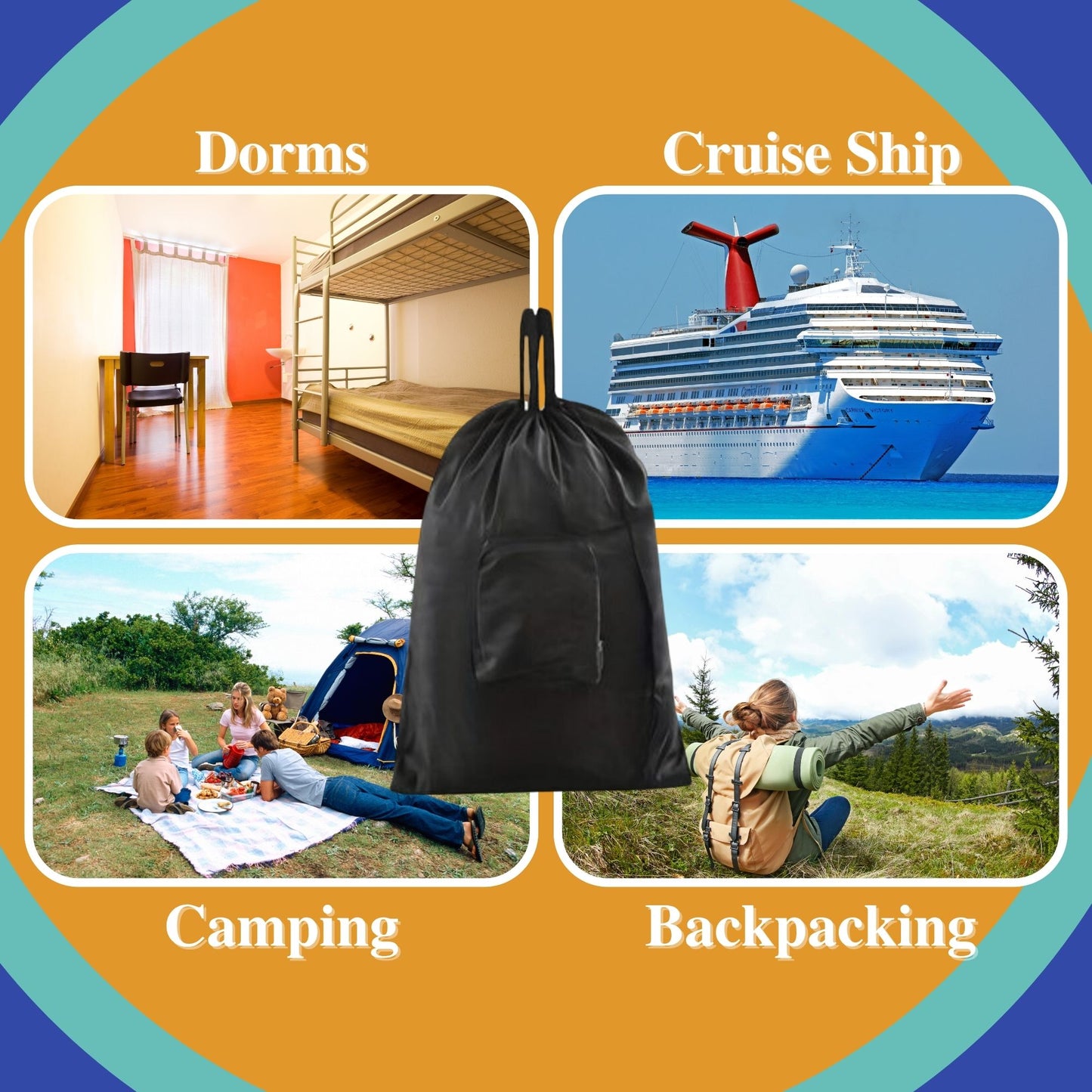 Foldable Laundry Bag and Compact Travel Clothesline - Must have Essentials for Cruises Camping and Hotel for your next vacation 2 Pack Black