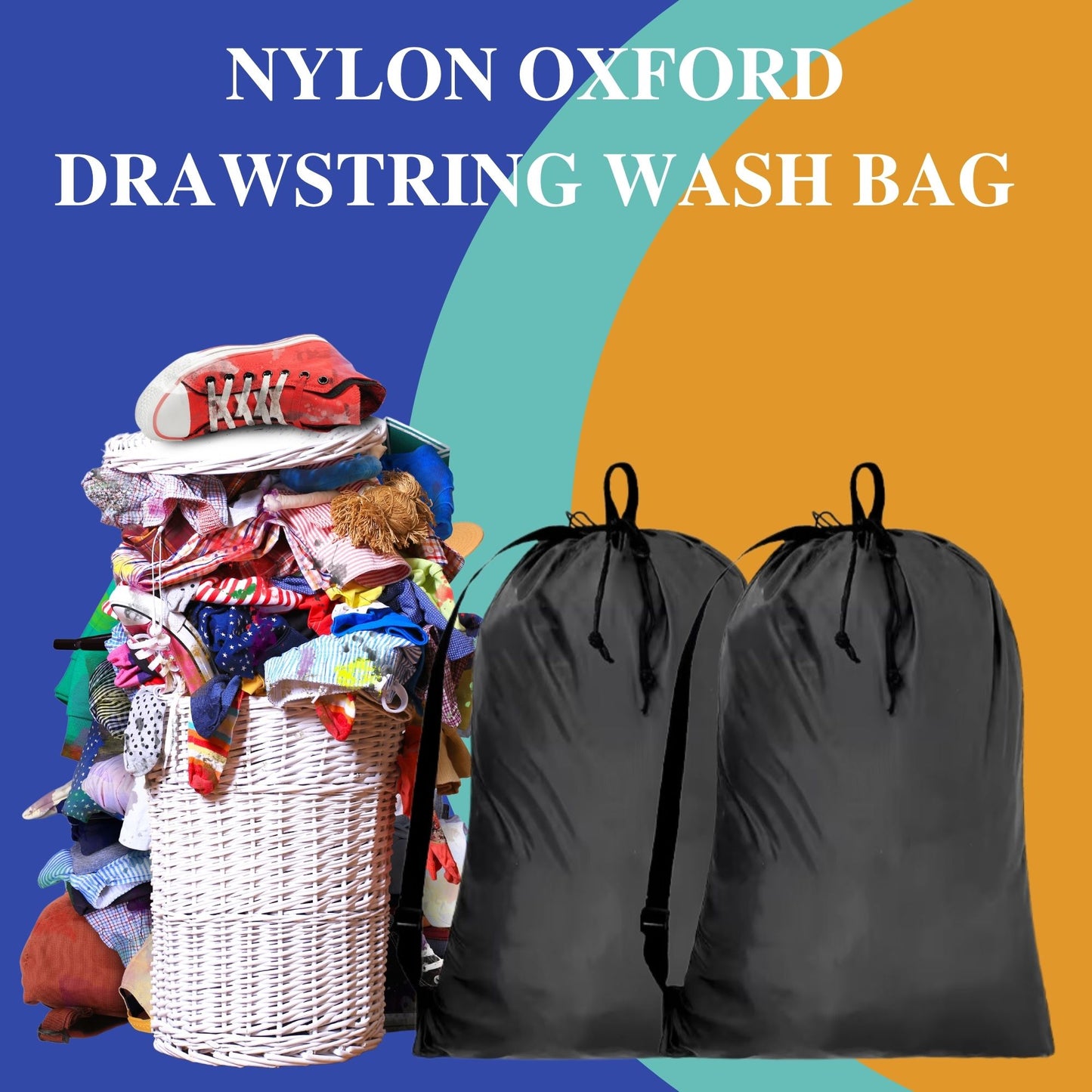 Heavy Duty Laundry Bags with Adjustable Straps, Set of 2, Black Double Drawstring Closure