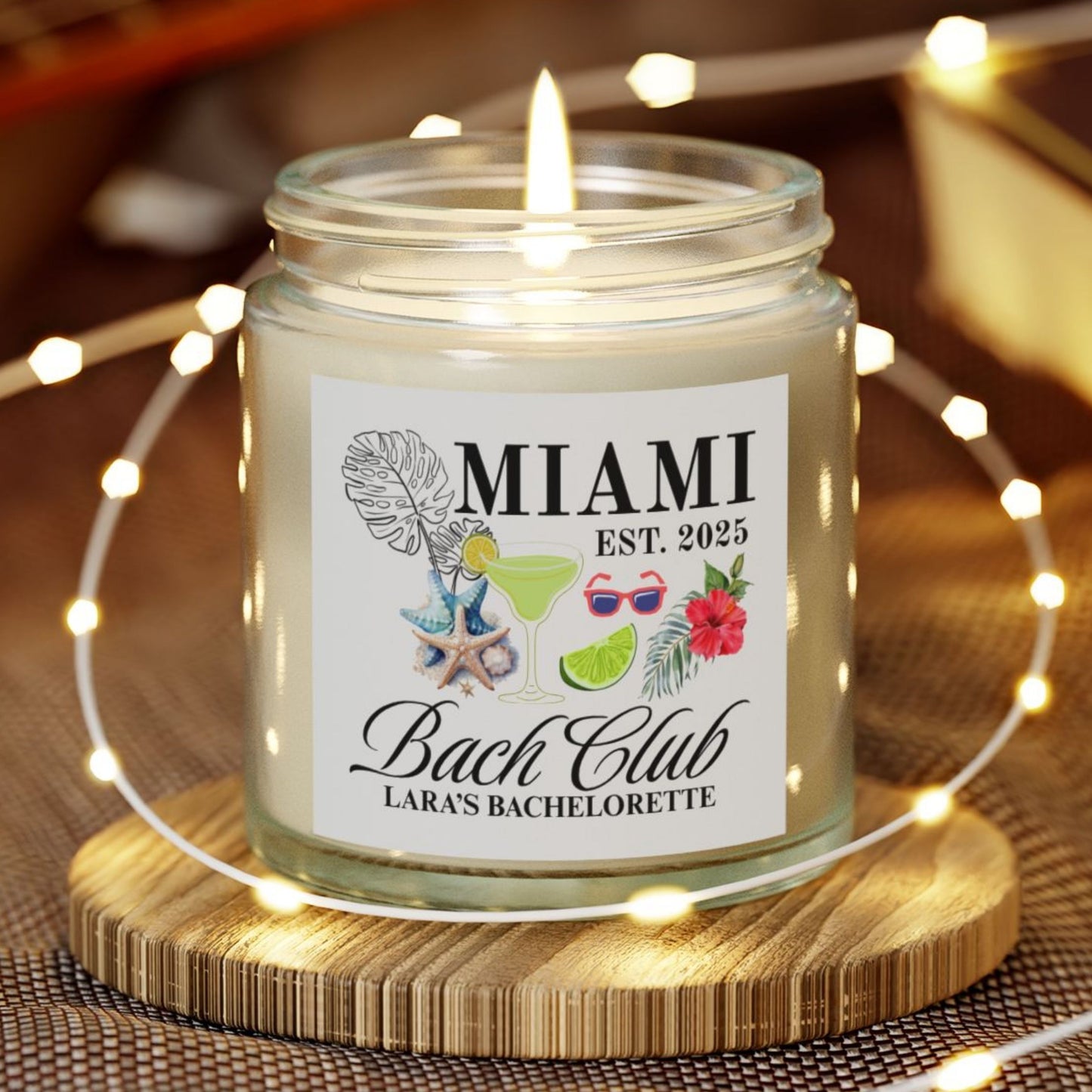 Miami Travel Candle Personalized, Coconut Apricot Wax Candle, Memories of Travel Collection, Traveler Gift Family Vacation Keepsake