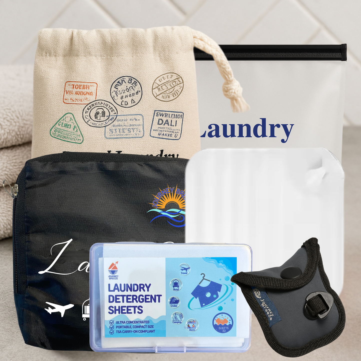 Travel Laundry Kit – 6-Piece Bundle with Laundry Detergent Sheets (Fresh Linen Scent), Lightweight Clothesline, Sink Stopper, Foldable Laundry Bag, Canvas Carry Bag & Breathable Frosted Zip Pouch