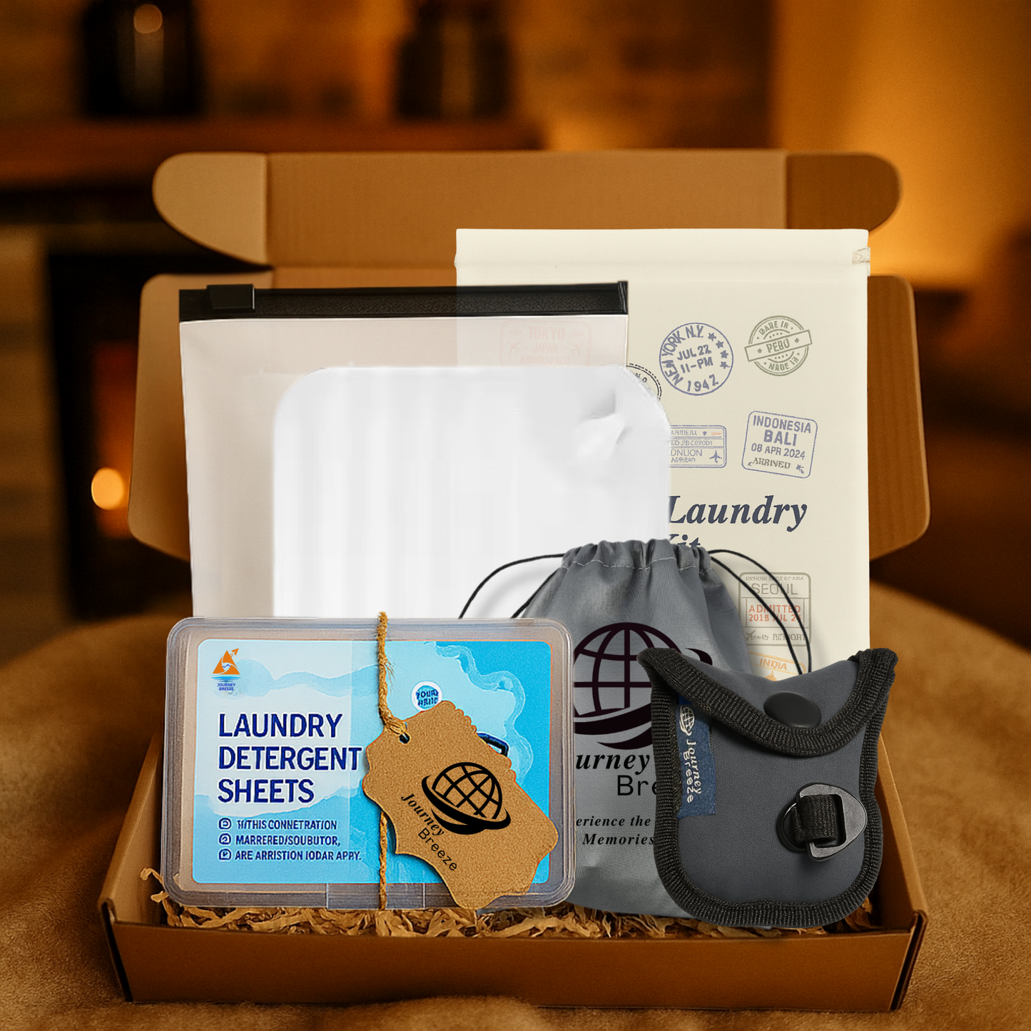Travel Laundry Gift Set – 6-Piece Bundle with Laundry Detergent Sheets (Fresh Linen Scent), Lightweight and Heavy Clothesline, Sink Stopper, Canvas Bag & Frosted Zip Pouch