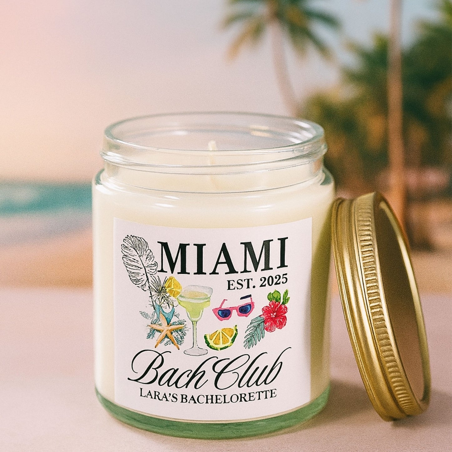 Miami Travel Candle Personalized, Coconut Apricot Wax Candle, Memories of Travel Collection, Traveler Gift Family Vacation Keepsake