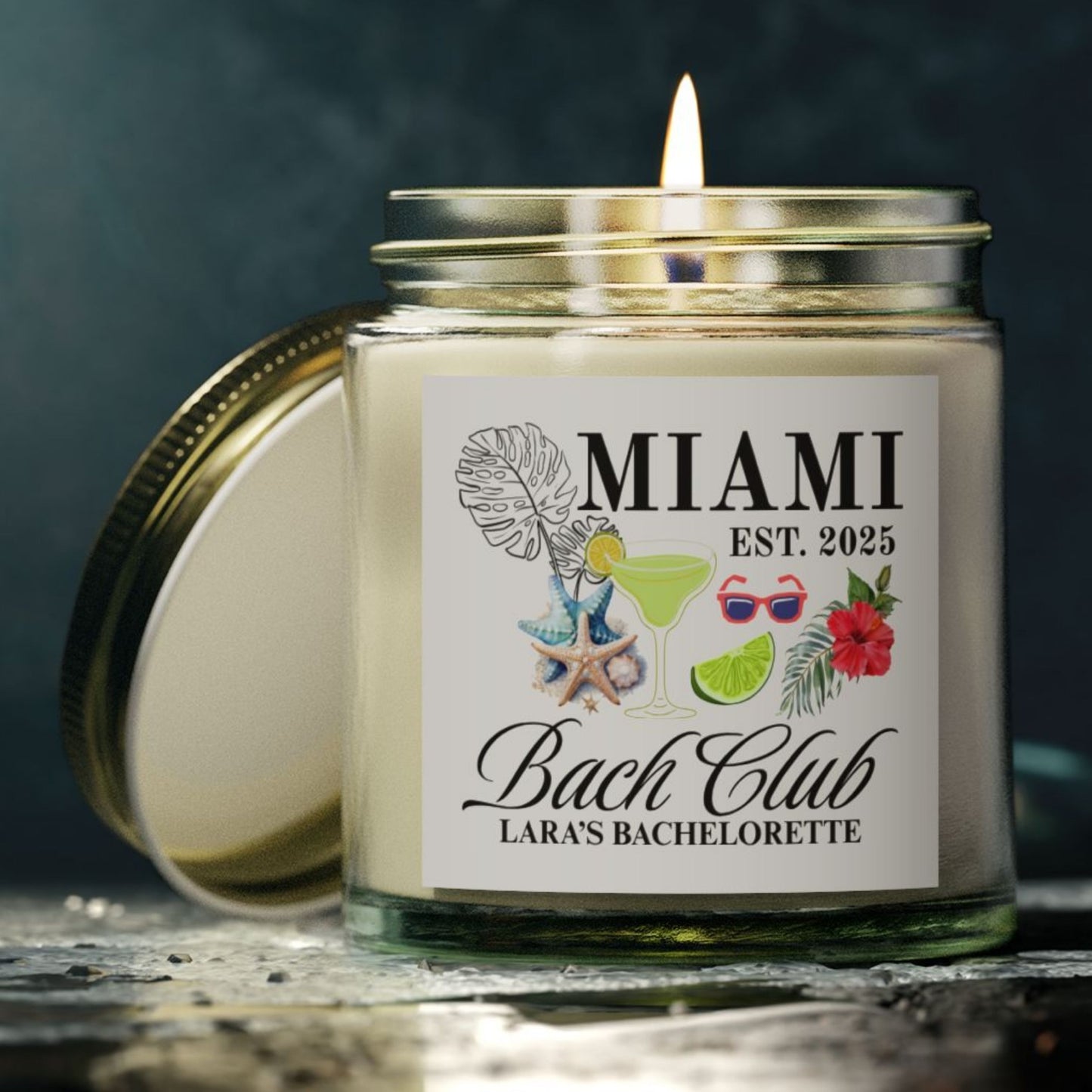 Miami Travel Candle Personalized, Coconut Apricot Wax Candle, Memories of Travel Collection, Traveler Gift Family Vacation Keepsake
