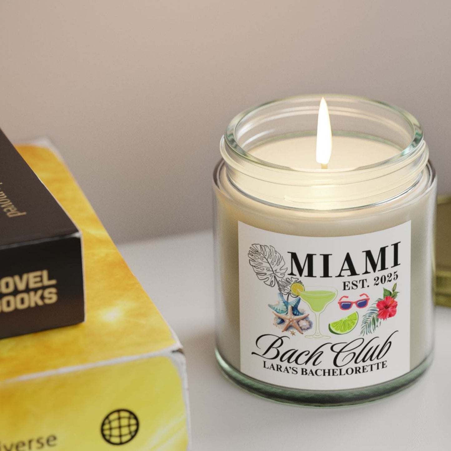 Miami Travel Candle Personalized, Coconut Apricot Wax Candle, Memories of Travel Collection, Traveler Gift Family Vacation Keepsake