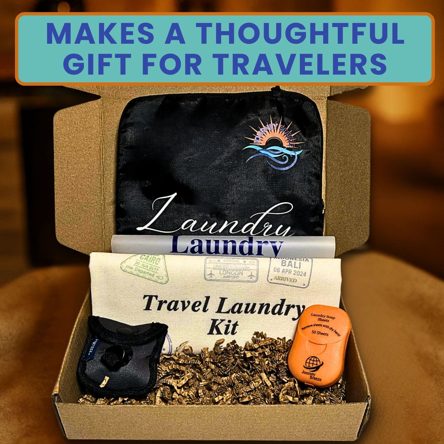 Travel Laundry Detergent Kit Gift Box - Travel Detergent Sheets, Travel Clothesline, Foldable Laundry Bag, Canvas/Zip Bags, Great for Hotels, Campers & Cruise Essentials