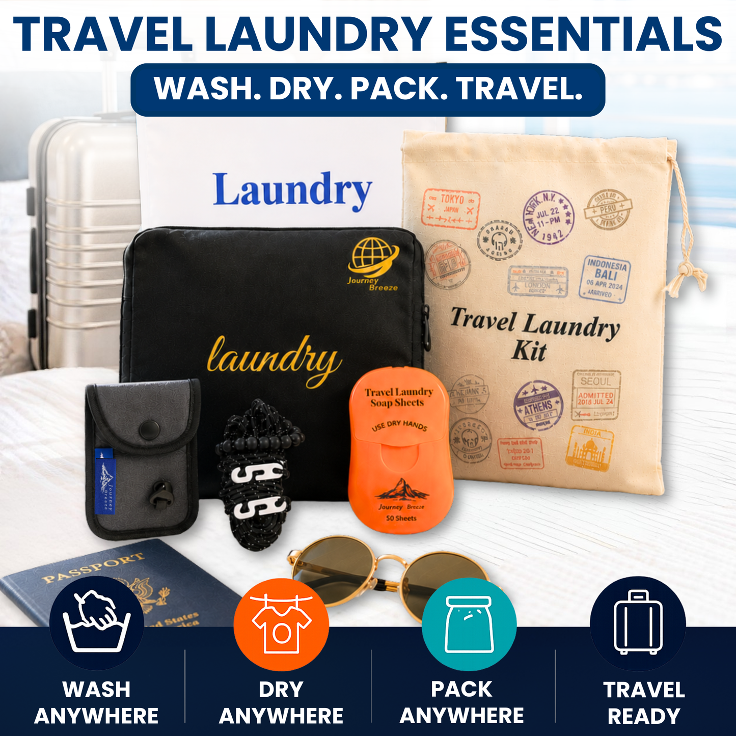 Travel Laundry Detergent Sheets – Hand Wash Only Laundry Kit, Clothesline and Foldable Bag | Journey Breeze