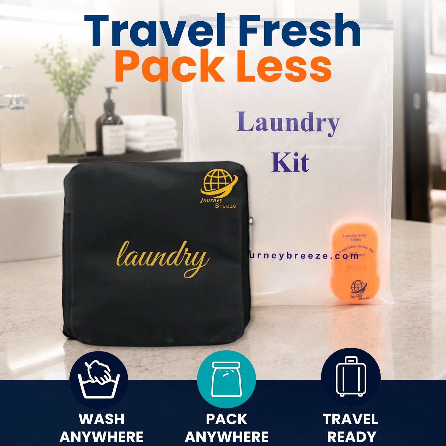 Travel Laundry Set – Hand-Wash Detergent Sheets & Foldable Laundry Bag | Journey Breeze