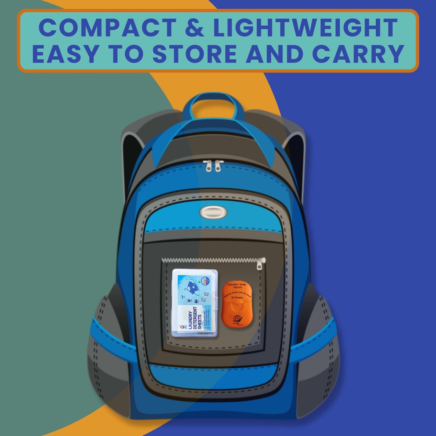 Compact travel laundry detergent sheets stored easily in a backpack for lightweight and portable travel packing