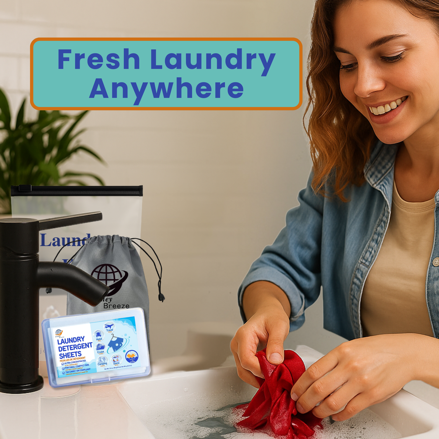 Woman using laundry detergent sheets with text 'Fresh Laundry Anywhere' and product packaging.