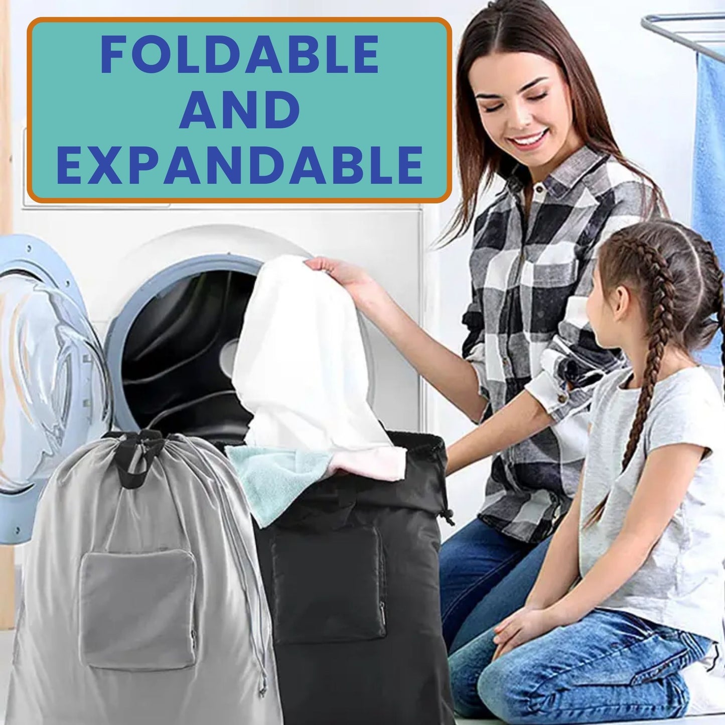 Expandable Laundry Bag Foldable laundry bag expands to hold clothes for washing and transport.
