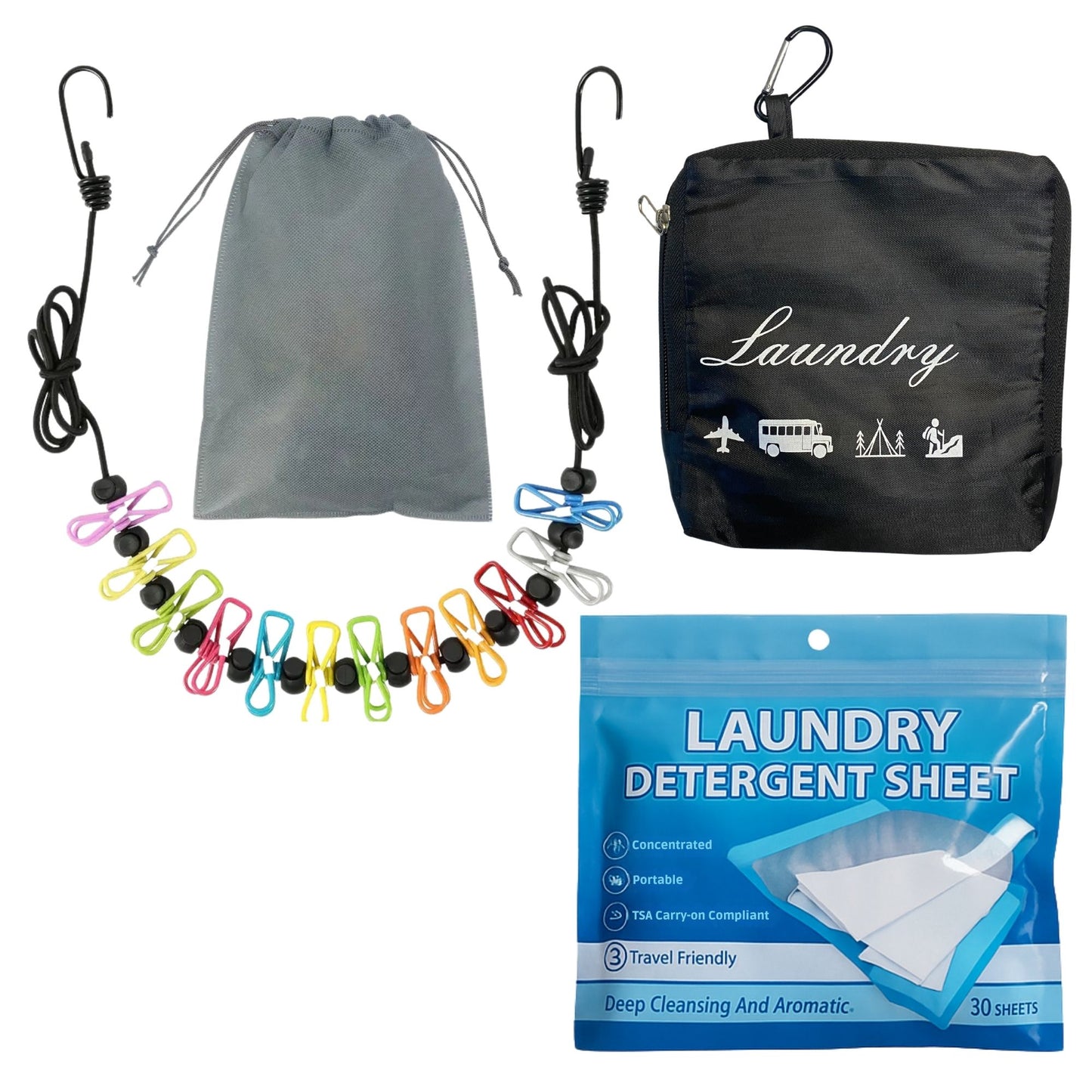 Travel Essentials Laundry Kit: Foldable Laundry Bag, Retractable Clothesline and Detergent Sheets