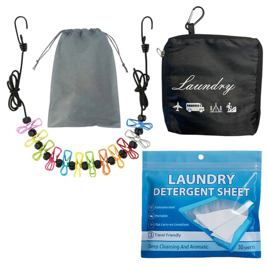 Travel Essentials Laundry Kit: Foldable Laundry Bag, Retractable Clothesline and Detergent Sheets