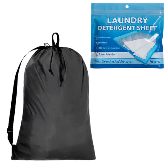 Laundry Bag Large for Dorm with Straps (Black) and 1 pack (30 sheets) Laundry Sheets Detergent