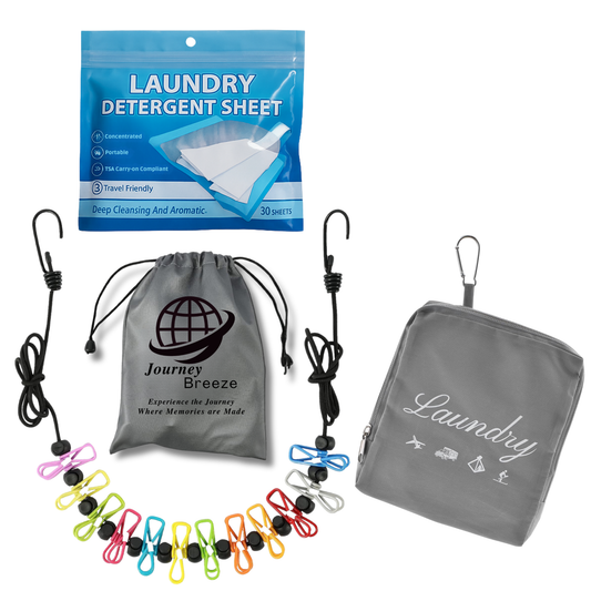 Travel Essentials Laundry Kit: Laundry Detergent Sheets, Foldable Laundry Bag, Portable Indoor/Outdoor Clothesline
