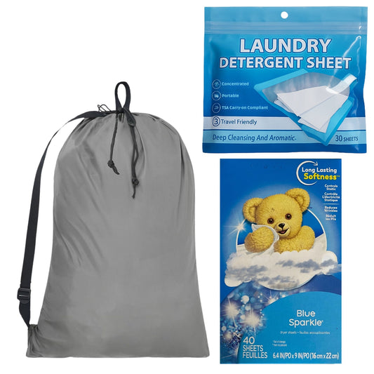 Laundry Backpack with Straps (Gray) and 1 pack Laundry Detergent Sheets and 1 pack Fabric Softener Dryer Sheets