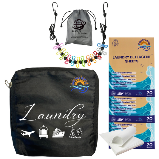 Travel Laundry Detergent Sheet Pack includes Laundry Sheets (3 packs), Foldable Laundry Bag and Portable Clothesline