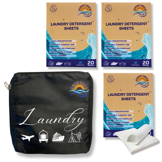 Travel Laundry Detergent Sheets (3 Packs) and Lightweight Travel Laundry Bag Set – Foldable Laundry Bag and Portable Detergent Sheets for Hotel Sink Washing, Cruises & Camping