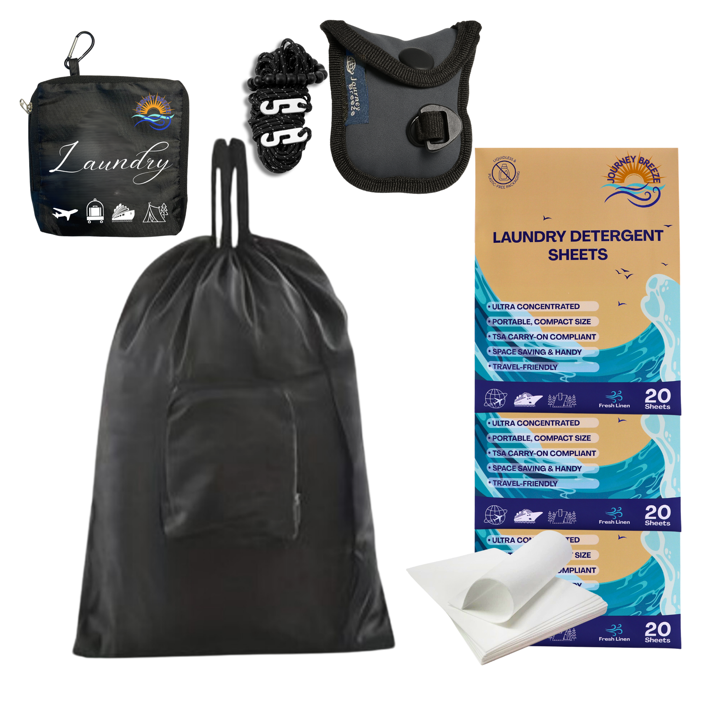 Foldable Laundry Bag, Compact Clothesline and Travel Laundry Detergent Sheets, 3 Packs (20 Sheets)
