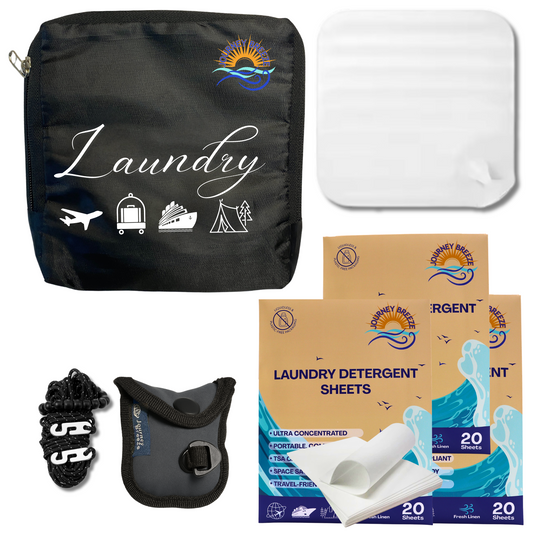 Hotel Essentials must haves Bathroom Sink Stopper, Laundry Bag Travel, Camping Clothesline and Laundry Detergent Sheets, 20 Sheets