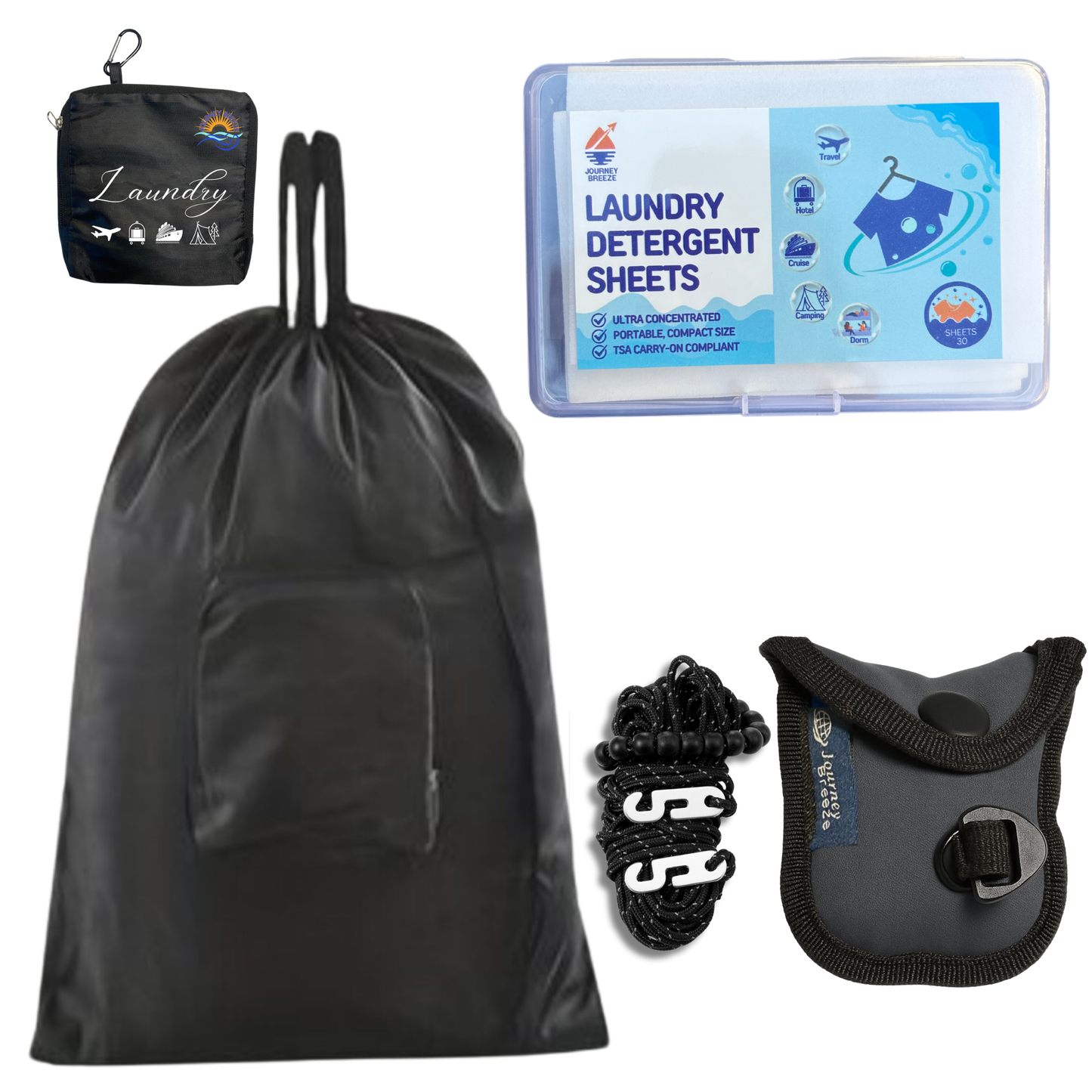 Travel Laundry Detergent (30 count) Foldable Laundry Bag and Compact Travel Clothesline