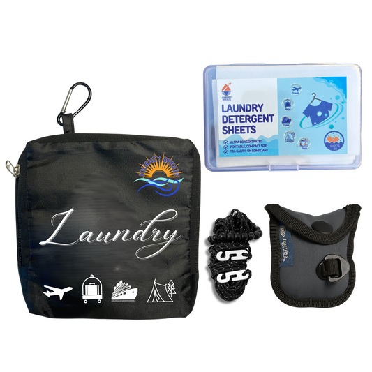Travel Laundry Detergent (30 count) Foldable Laundry Bag and Compact Travel Clothesline