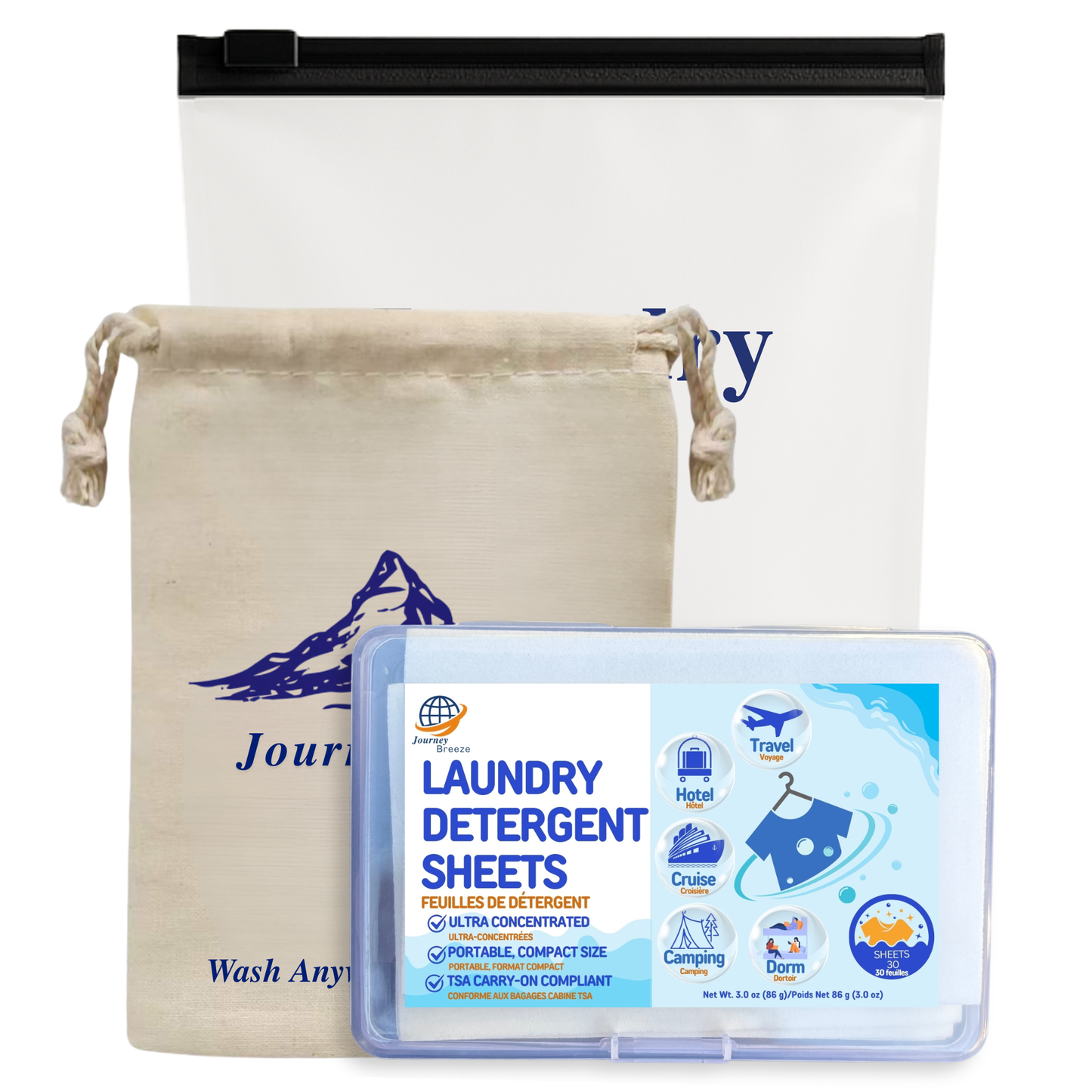 Travel Laundry Detergent Sheets 30 count – Hand & Machine Wash, TSA-Friendly & Compact | Journey Breeze