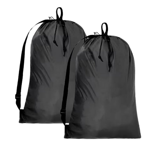 Heavy Duty Laundry Bags with Adjustable Straps, Set of 2, Black Double Drawstring Closure