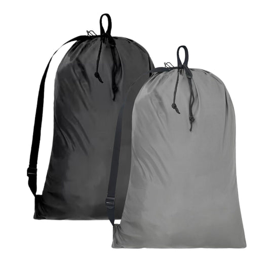 Heavy Duty Laundry Bags with Adjustable Straps, Set of 2, Black and Gray, Double Drawstring Closure