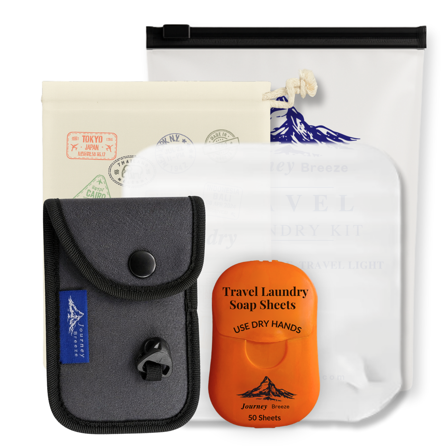 Journey Breeze travel laundry essentials bundle with laundry soap sheets, portable clothesline, silicone sink stopper, canvas storage bag, and reusable frosted travel pouch.