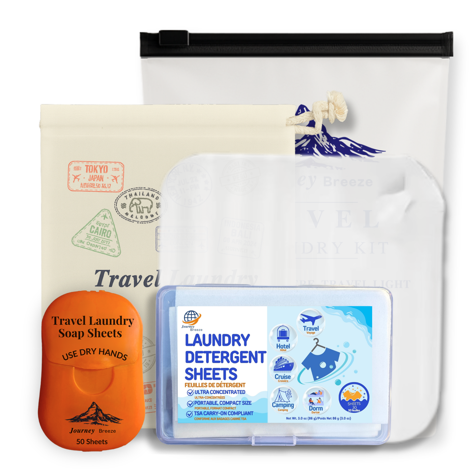 Journey Breeze travel laundry kit with detergent sheets, travel bag and laundry accessories