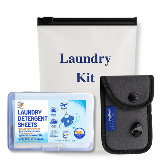 Journey Breeze Travel Laundry Kit with laundry detergent sheets, portable clothesline, and frosted travel storage bag for hotel, cruise, and vacation laundry.