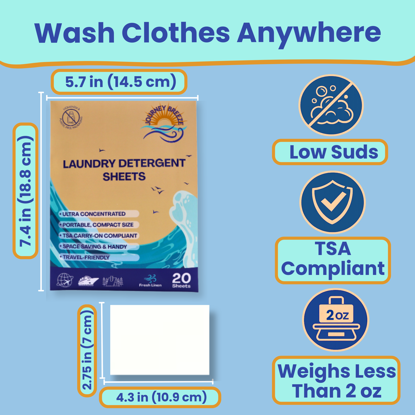 Travel Laundry Detergent Sheets 60 count – Hand & Machine Wash, TSA-Friendly & Compact | Journey Breeze