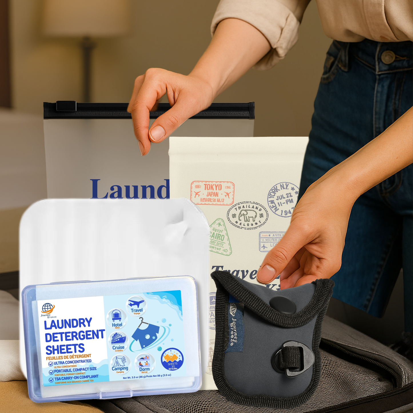 Travel Laundry Detergent Sheets Kit – Hand & Machine Wash, Travel Clothesline and Sink Stopper Included | Journey Breeze