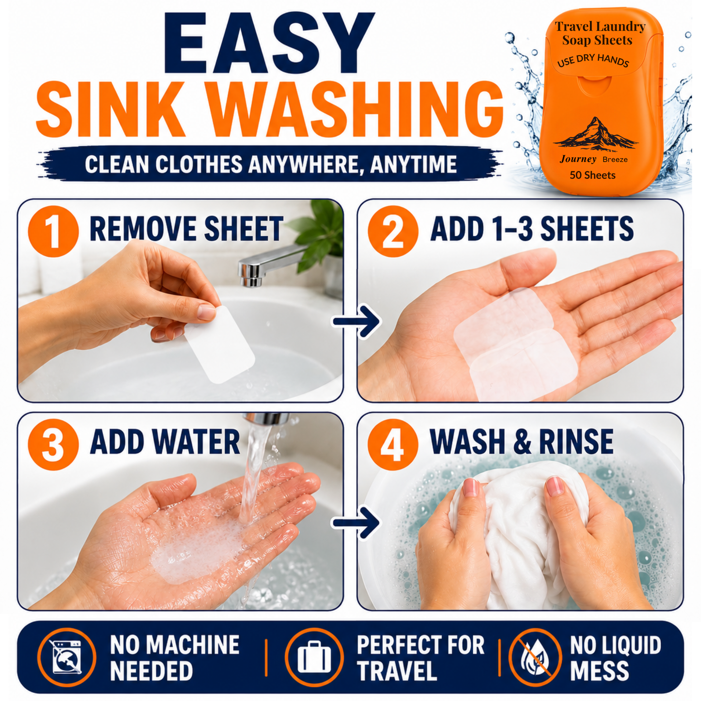 Travel Laundry Kit – Hand Wash Detergent Sheets & Portable Clothesline | Journey Breeze